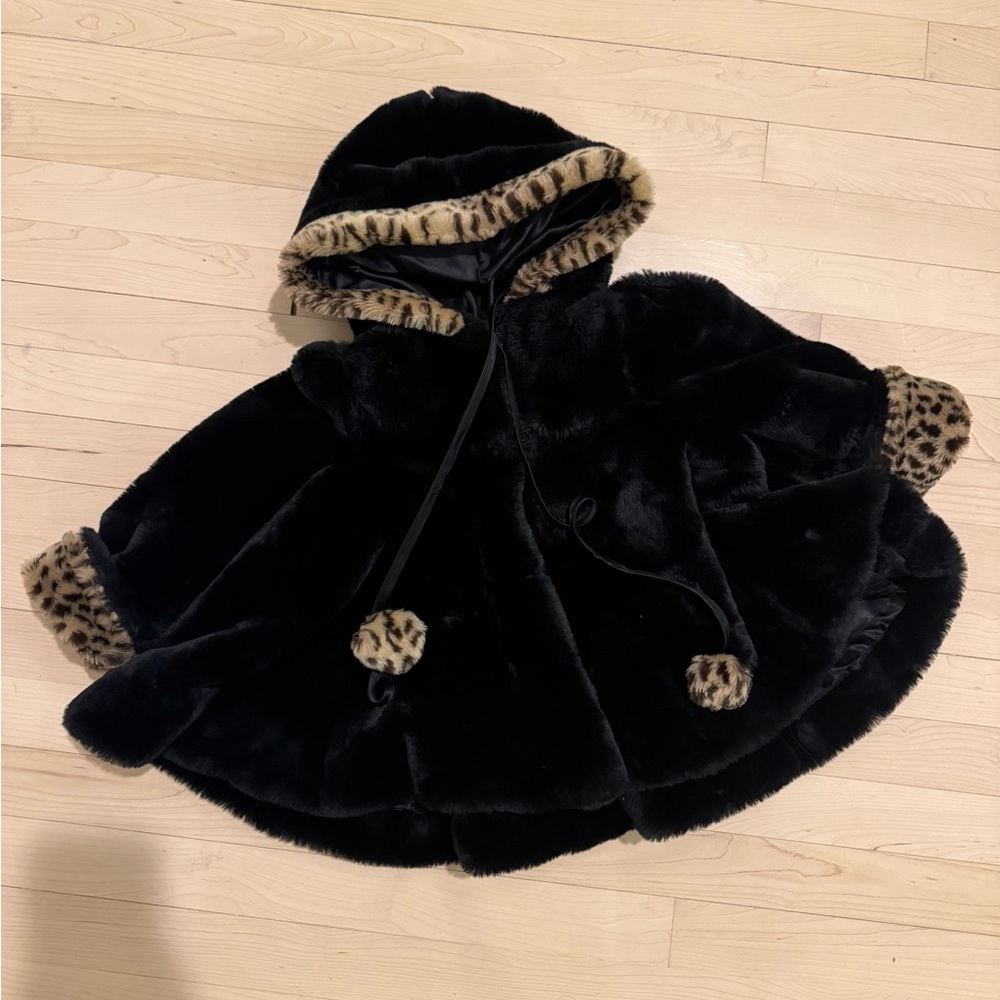 Neiman Marcus Black Faux Fur Cape Coat with Leopard Trim